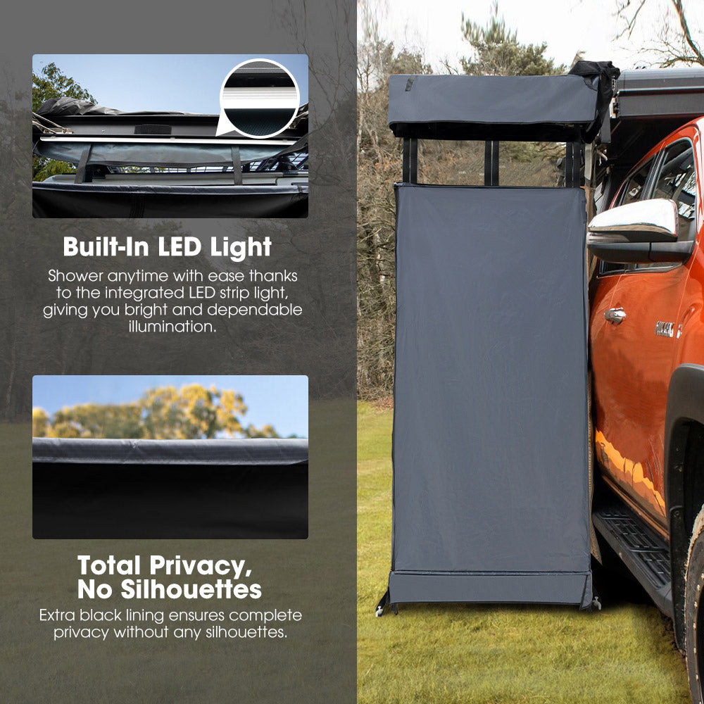 San Hima Camping Shower Tent Awning Fold-Out + Portable 8L Gas Hot
