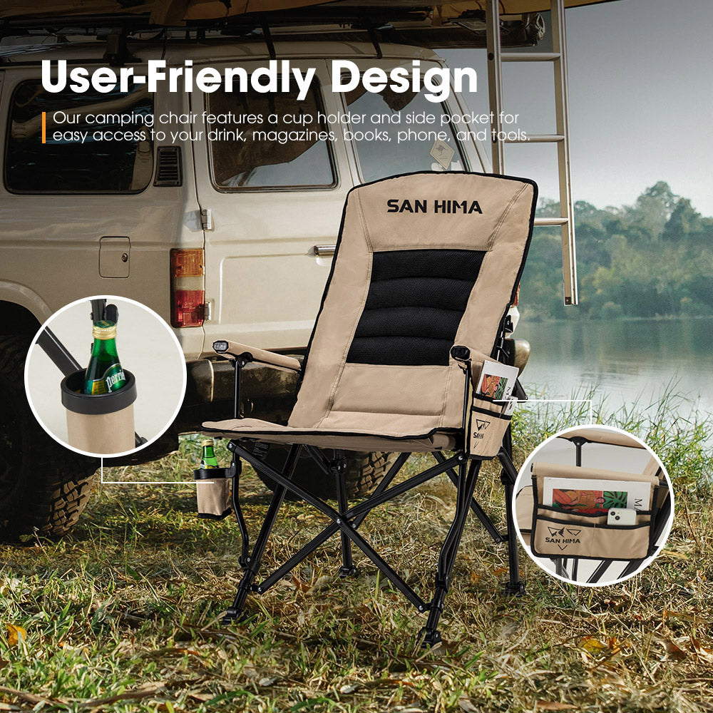 San Hima Folding Camping Chair Portable Outdoor Thick Padding Recliner Khaki