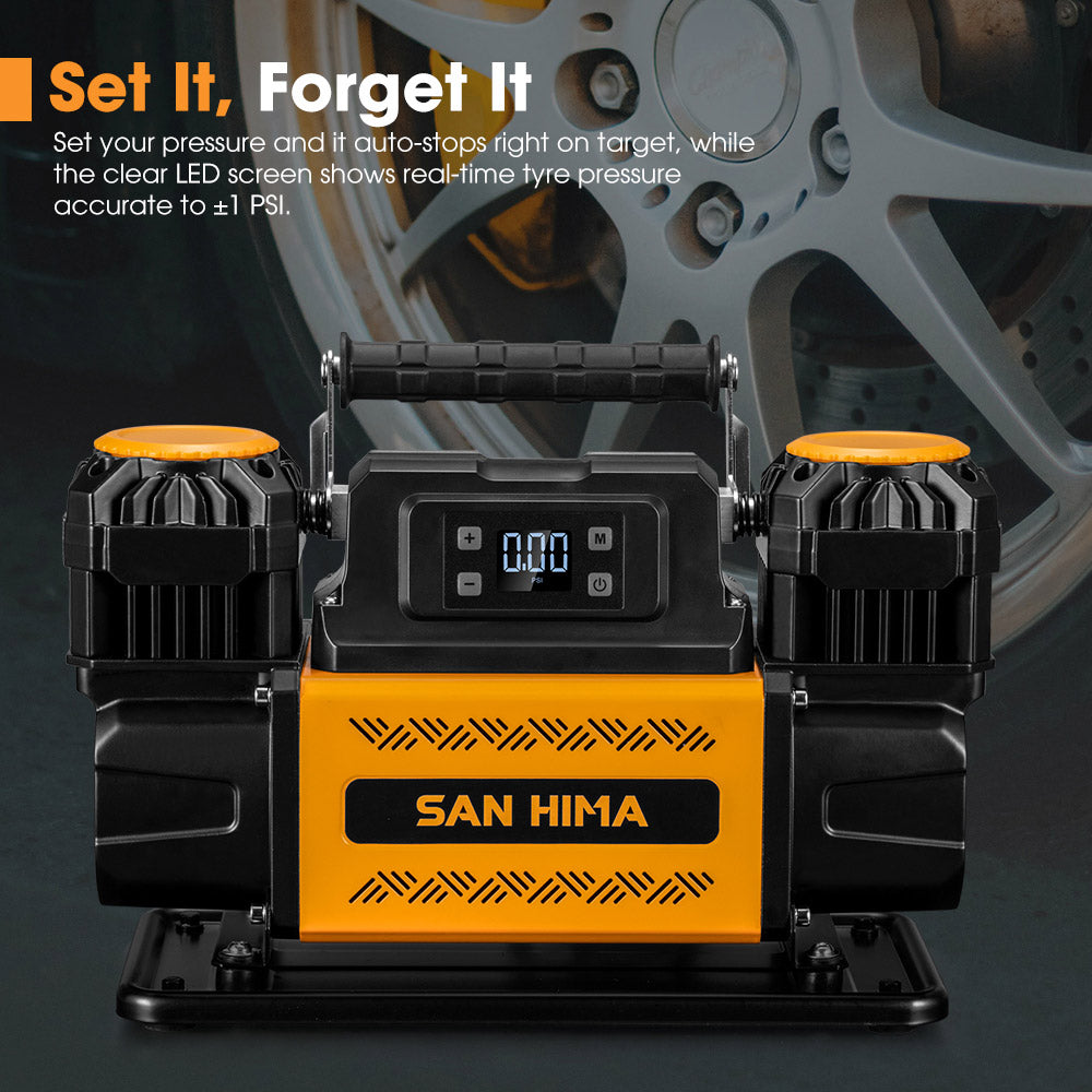 San Hima 12V Dual Cylinders Air Compressor 350L/min 150PSI Portable Digital
