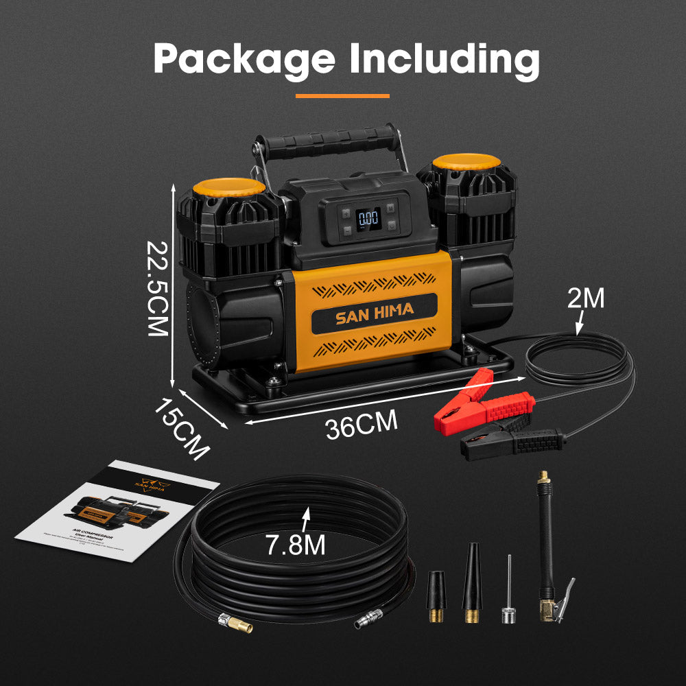 San Hima 12V Dual Cylinders Air Compressor 350L/min 150PSI Portable Digital