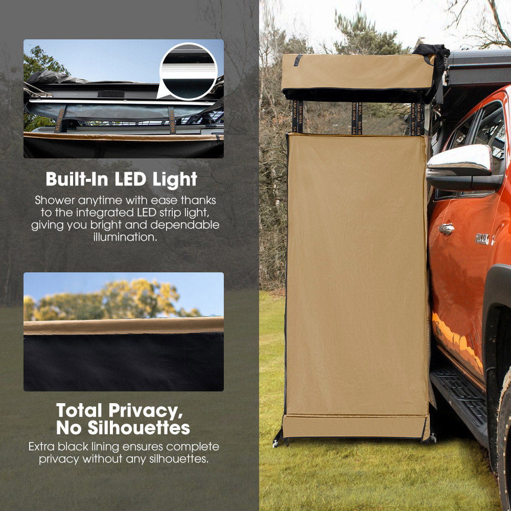 San Hima Camping Shower Tent Brown &Gas Hot Water Heater White &Shower Tent Base